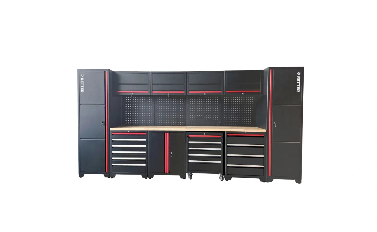 werkstatt set mit mdf massiv holzplatte hoher werkzeugschrank lochwand haengeschrank schubladen 2