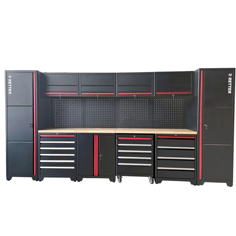 werkstatt set mit mdf massiv holzplatte hoher werkzeugschrank lochwand haengeschrank schubladen 2
